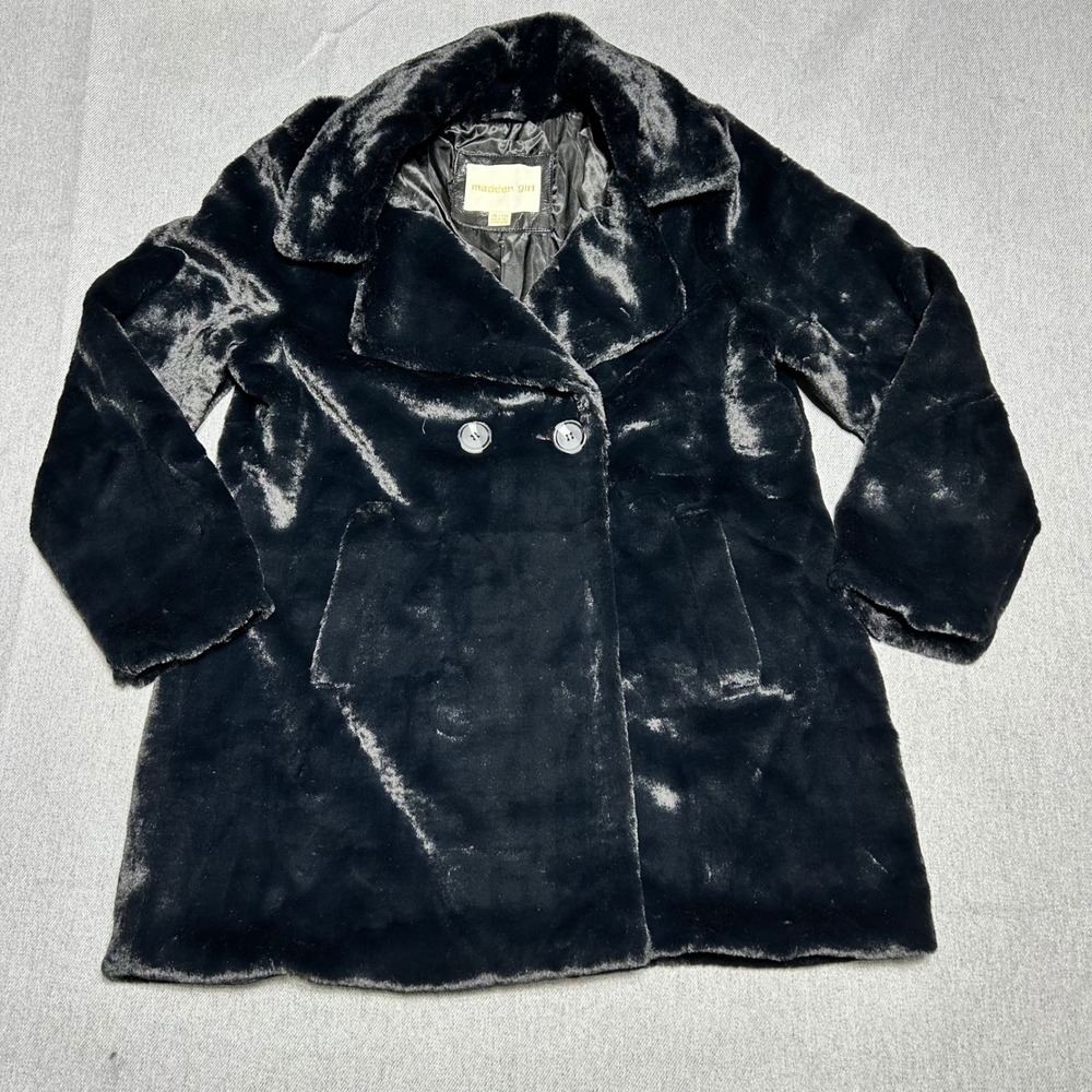 Madden Girl Women Faux Fur Pea Coat XL Black Double Breasted Mid Length Jacket